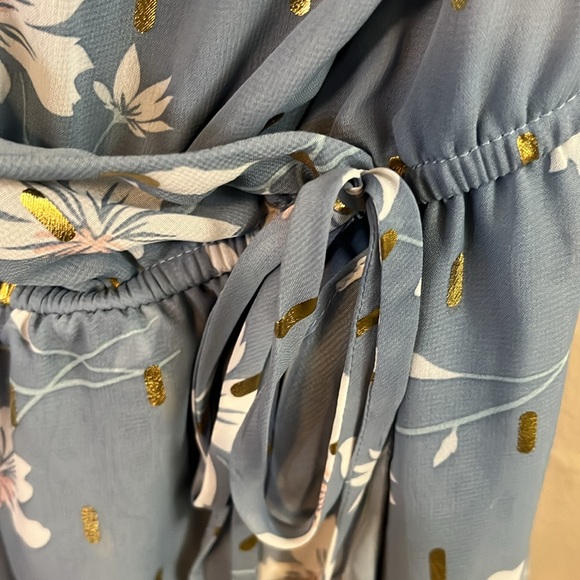 NWT Three Pink Hearts Blue White Gold Floral Faux Wrap Mini Dress S - Picture 3 of 11